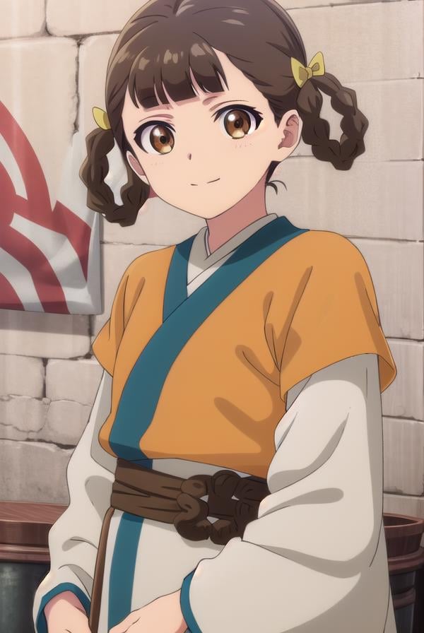 kusuriyaxiaolan, <lora:kusuriya xiaolan s1-lora-nochekaiser:1>,xiaolan, bangs, brown hair, hair ornament, (brown eyes:1.3), braid, hair rings, smile,BREAK japanese clothes, robe, orange robe, long sleeves, skirt, white skirt,BREAK outdoors,BREAK looking at viewer, (cowboy shot:1.5),BREAK <lyco:GoodHands-beta2:1>, (masterpiece:1.2), best quality, high resolution, unity 8k wallpaper, (illustration:0.8), (beautiful detailed eyes:1.6), extremely detailed face, perfect lighting, extremely detailed CG, (perfect hands, perfect anatomy),