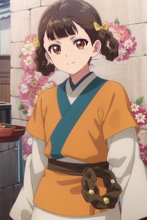 kusuriyaxiaolan, <lora:kusuriya xiaolan s1-lora-nochekaiser:1>,xiaolan, bangs, brown hair, hair ornament, (brown eyes:1.3), braid, hair rings, smile,BREAK japanese clothes, robe, orange robe, long sleeves, skirt, white skirt,BREAK outdoors,BREAK looking at viewer, (cowboy shot:1.5),BREAK <lyco:GoodHands-beta2:1>, (masterpiece:1.2), best quality, high resolution, unity 8k wallpaper, (illustration:0.8), (beautiful detailed eyes:1.6), extremely detailed face, perfect lighting, extremely detailed CG, (perfect hands, perfect anatomy),