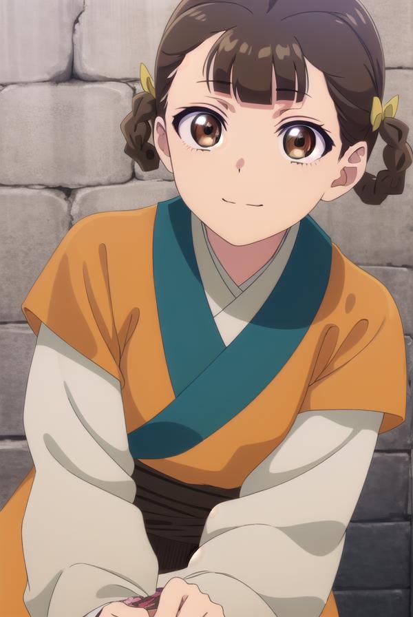 kusuriyaxiaolan, <lora:kusuriya xiaolan s1-lora-nochekaiser:1>,xiaolan, bangs, brown hair, hair ornament, (brown eyes:1.3), braid, hair rings, smile,BREAK japanese clothes, robe, orange robe, long sleeves, skirt, white skirt,BREAK outdoors,BREAK looking at viewer, (cowboy shot:1.5),BREAK <lyco:GoodHands-beta2:1>, (masterpiece:1.2), best quality, high resolution, unity 8k wallpaper, (illustration:0.8), (beautiful detailed eyes:1.6), extremely detailed face, perfect lighting, extremely detailed CG, (perfect hands, perfect anatomy),