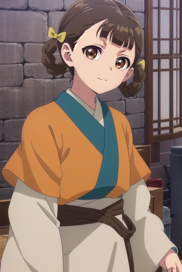 kusuriyaxiaolan, <lora:kusuriya xiaolan s1-lora-nochekaiser:1>,xiaolan, bangs, brown hair, hair ornament, (brown eyes:1.3), braid, hair rings, smile,BREAK japanese clothes, robe, orange robe, long sleeves, skirt, white skirt,BREAK outdoors,BREAK looking at viewer, (cowboy shot:1.5),BREAK <lyco:GoodHands-beta2:1>, (masterpiece:1.2), best quality, high resolution, unity 8k wallpaper, (illustration:0.8), (beautiful detailed eyes:1.6), extremely detailed face, perfect lighting, extremely detailed CG, (perfect hands, perfect anatomy),