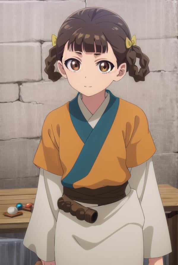 kusuriyaxiaolan, <lora:kusuriya xiaolan s1-lora-nochekaiser:1>,xiaolan, bangs, brown hair, hair ornament, (brown eyes:1.3), braid, hair rings, smile,BREAK japanese clothes, robe, orange robe, long sleeves, skirt, white skirt,BREAK outdoors,BREAK looking at viewer, (cowboy shot:1.5),BREAK <lyco:GoodHands-beta2:1>, (masterpiece:1.2), best quality, high resolution, unity 8k wallpaper, (illustration:0.8), (beautiful detailed eyes:1.6), extremely detailed face, perfect lighting, extremely detailed CG, (perfect hands, perfect anatomy),