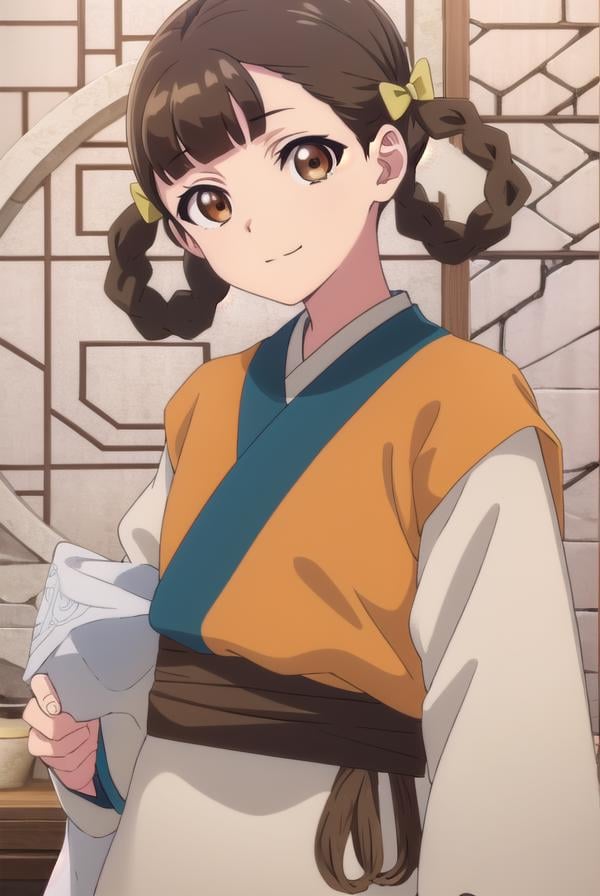 kusuriyaxiaolan, <lora:kusuriya xiaolan s1-lora-nochekaiser:1>,xiaolan, bangs, brown hair, hair ornament, (brown eyes:1.3), braid, hair rings, smile,BREAK japanese clothes, robe, orange robe, long sleeves, skirt, white skirt,BREAK outdoors,BREAK looking at viewer, (cowboy shot:1.5),BREAK <lyco:GoodHands-beta2:1>, (masterpiece:1.2), best quality, high resolution, unity 8k wallpaper, (illustration:0.8), (beautiful detailed eyes:1.6), extremely detailed face, perfect lighting, extremely detailed CG, (perfect hands, perfect anatomy),