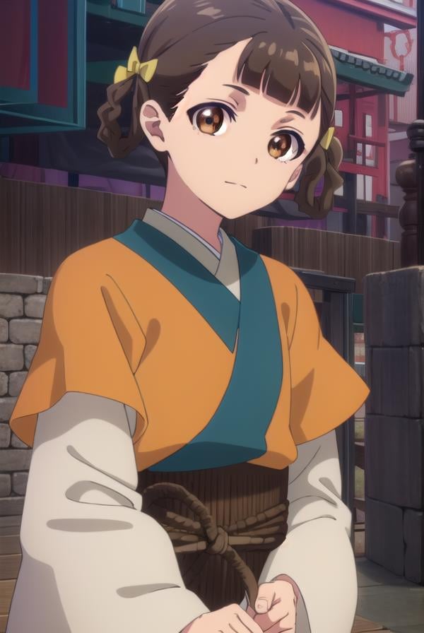 kusuriyaxiaolan, <lora:kusuriya xiaolan s1-lora-nochekaiser:1>,xiaolan, bangs, brown hair, hair ornament, (brown eyes:1.3), braid, hair rings, smile,BREAK japanese clothes, robe, orange robe, long sleeves, skirt, white skirt,BREAK outdoors,BREAK looking at viewer, (cowboy shot:1.5),BREAK <lyco:GoodHands-beta2:1>, (masterpiece:1.2), best quality, high resolution, unity 8k wallpaper, (illustration:0.8), (beautiful detailed eyes:1.6), extremely detailed face, perfect lighting, extremely detailed CG, (perfect hands, perfect anatomy),