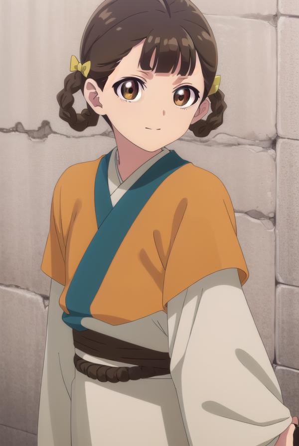 kusuriyaxiaolan, <lora:kusuriya xiaolan s1-lora-nochekaiser:1>,xiaolan, bangs, brown hair, hair ornament, (brown eyes:1.3), braid, hair rings, smile,BREAK japanese clothes, robe, orange robe, long sleeves, skirt, white skirt,BREAK outdoors,BREAK looking at viewer, (cowboy shot:1.5),BREAK <lyco:GoodHands-beta2:1>, (masterpiece:1.2), best quality, high resolution, unity 8k wallpaper, (illustration:0.8), (beautiful detailed eyes:1.6), extremely detailed face, perfect lighting, extremely detailed CG, (perfect hands, perfect anatomy),