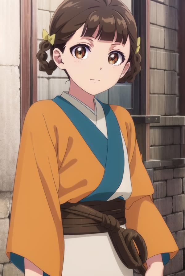 kusuriyaxiaolan, <lora:kusuriya xiaolan s1-lora-nochekaiser:1>,xiaolan, bangs, brown hair, hair ornament, (brown eyes:1.3), braid, hair rings, smile,BREAK japanese clothes, robe, orange robe, long sleeves, skirt, white skirt,BREAK outdoors,BREAK looking at viewer, (cowboy shot:1.5),BREAK <lyco:GoodHands-beta2:1>, (masterpiece:1.2), best quality, high resolution, unity 8k wallpaper, (illustration:0.8), (beautiful detailed eyes:1.6), extremely detailed face, perfect lighting, extremely detailed CG, (perfect hands, perfect anatomy),