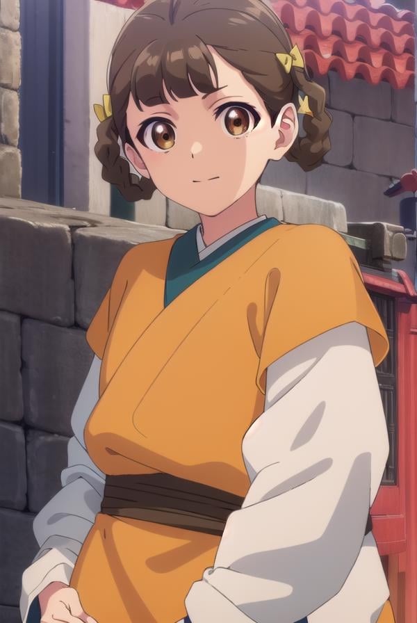 kusuriyaxiaolan, <lora:kusuriya xiaolan s1-lora-nochekaiser:1>,xiaolan, bangs, brown hair, hair ornament, (brown eyes:1.3), braid, hair rings, smile,BREAK japanese clothes, robe, orange robe, long sleeves, skirt, white skirt,BREAK outdoors,BREAK looking at viewer, (cowboy shot:1.5),BREAK <lyco:GoodHands-beta2:1>, (masterpiece:1.2), best quality, high resolution, unity 8k wallpaper, (illustration:0.8), (beautiful detailed eyes:1.6), extremely detailed face, perfect lighting, extremely detailed CG, (perfect hands, perfect anatomy),