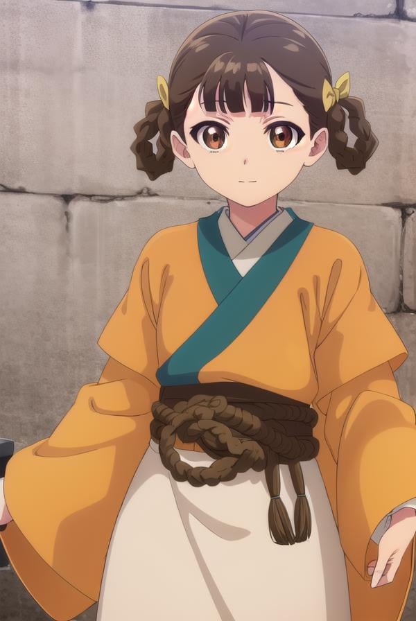 kusuriyaxiaolan, <lora:kusuriya xiaolan s1-lora-nochekaiser:1>,xiaolan, bangs, brown hair, hair ornament, (brown eyes:1.3), braid, hair rings, smile,BREAK japanese clothes, robe, orange robe, long sleeves, skirt, white skirt,BREAK outdoors,BREAK looking at viewer, (cowboy shot:1.5),BREAK <lyco:GoodHands-beta2:1>, (masterpiece:1.2), best quality, high resolution, unity 8k wallpaper, (illustration:0.8), (beautiful detailed eyes:1.6), extremely detailed face, perfect lighting, extremely detailed CG, (perfect hands, perfect anatomy),