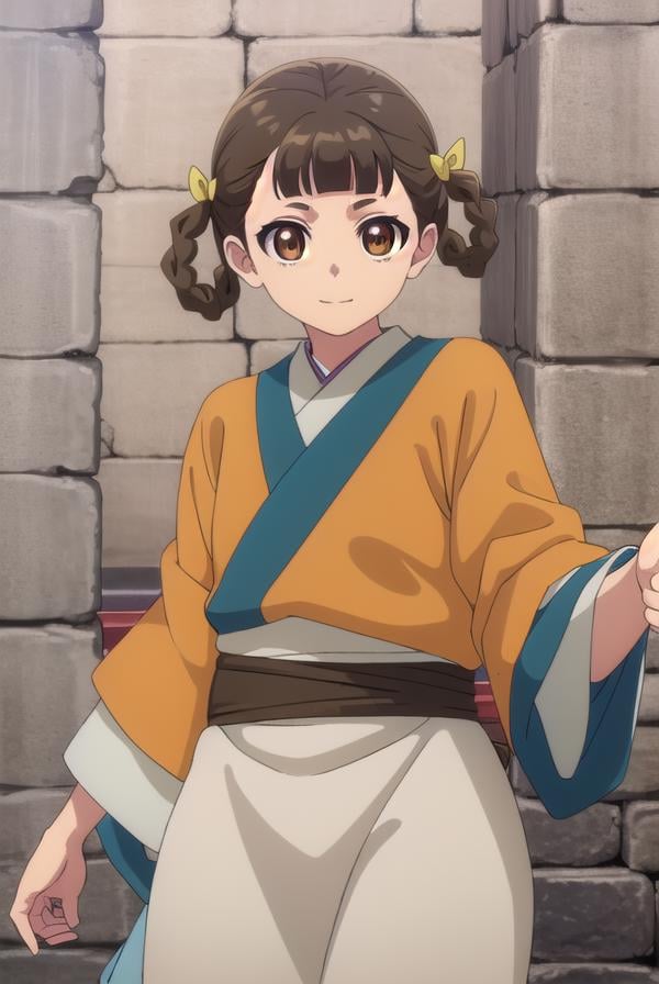 kusuriyaxiaolan, <lora:kusuriya xiaolan s1-lora-nochekaiser:1>,xiaolan, bangs, brown hair, hair ornament, (brown eyes:1.3), braid, hair rings, smile,BREAK japanese clothes, robe, orange robe, long sleeves, skirt, white skirt,BREAK outdoors,BREAK looking at viewer, (cowboy shot:1.5),BREAK <lyco:GoodHands-beta2:1>, (masterpiece:1.2), best quality, high resolution, unity 8k wallpaper, (illustration:0.8), (beautiful detailed eyes:1.6), extremely detailed face, perfect lighting, extremely detailed CG, (perfect hands, perfect anatomy),