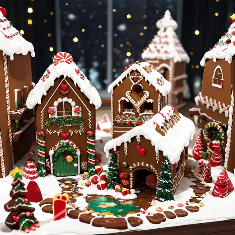 ((masterpiece,best quality)), absurdres <lora:Gingerbread_House:0.7>, Gingerbread_House, gingerbread house, food, food focus,  cookies, candy canes, Christmas, <lora:EdobSyFyHorrorFairyTale_v1.0:0.5>, EdobFairyTaleLandscape, chocolate river, heart, fruit, , snow, cake, chocolate, strawberry, windmill, 