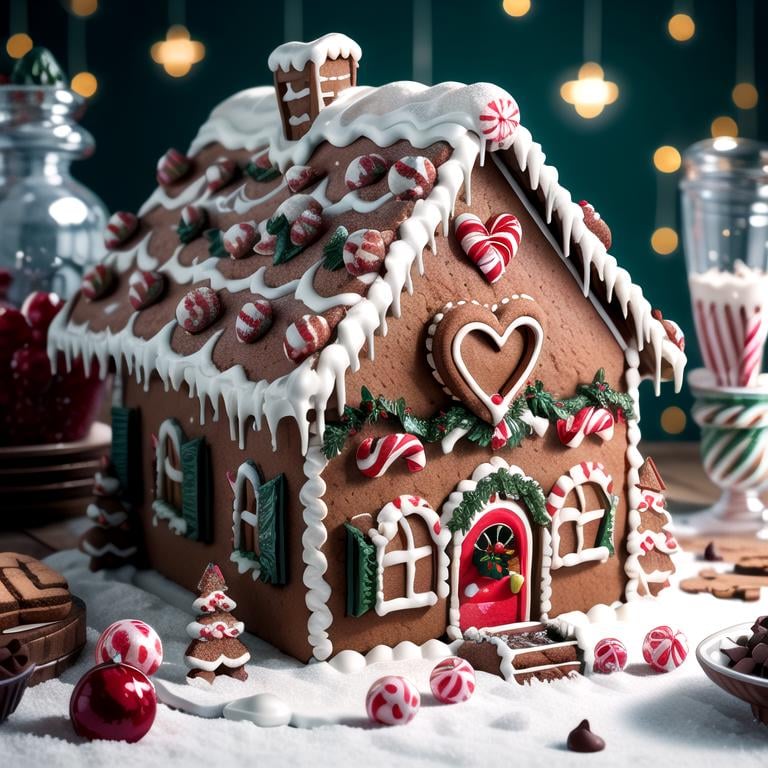 ((masterpiece,best quality)), absurdres <lora:Gingerbread_House:0.7>, Gingerbread_House, gingerbread house, food, food focus,  cookies, candy canes, Christmas, <lora:EdobSyFyHorrorFairyTale_v1.0:0.5>, EdobFairyTaleLandscape, chocolate river, heart, fruit, , snow, cake, chocolate, strawberry,  <lora:more_details:0.7>