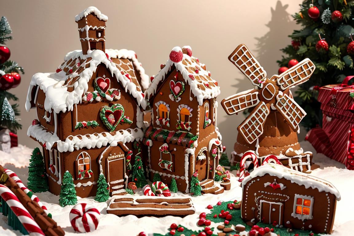 ((masterpiece,best quality)), absurdres <lora:Gingerbread_House:0.7>, Gingerbread_House, gingerbread house, food, food focus,  cookies, candy canes, Christmas, <lora:EdobSyFyHorrorFairyTale_v1.0:0.5>, EdobFairyTaleLandscape, chocolate river, heart, fruit, , snow, cake, chocolate, strawberry, windmill, 