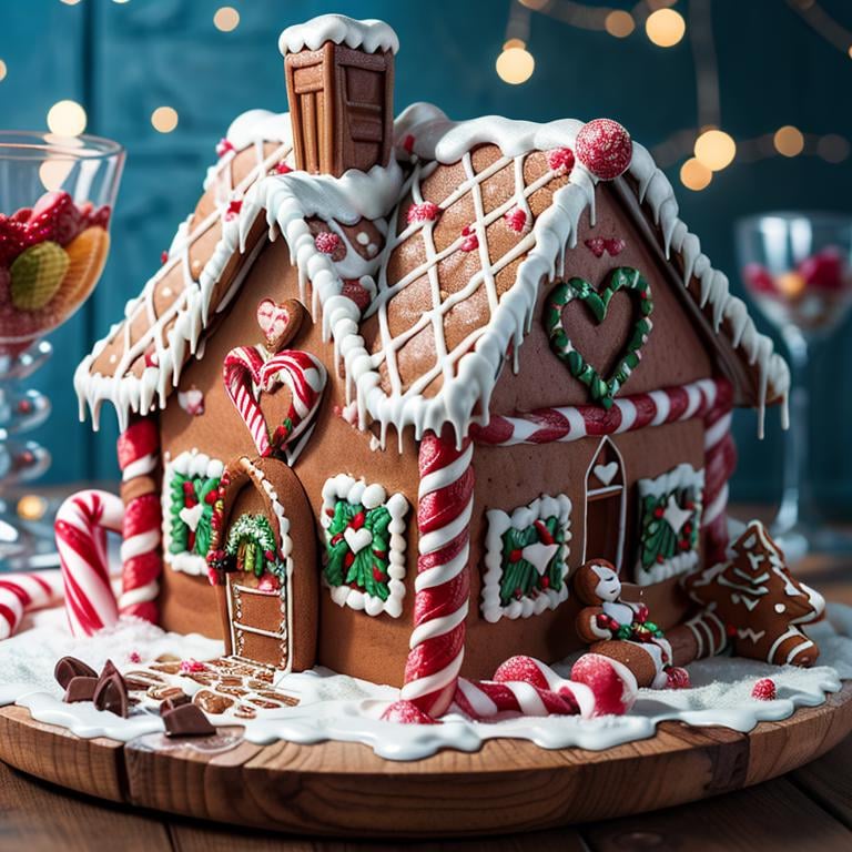 ((masterpiece,best quality)), absurdres <lora:Gingerbread_House:0.7>, Gingerbread_House, gingerbread house, food, food focus,  cookies, candy canes, Christmas, <lora:EdobSyFyHorrorFairyTale_v1.0:0.5>, EdobFairyTaleLandscape, chocolate river, heart, fruit, , snow, cake, chocolate, strawberry,  <lora:more_details:0.7>