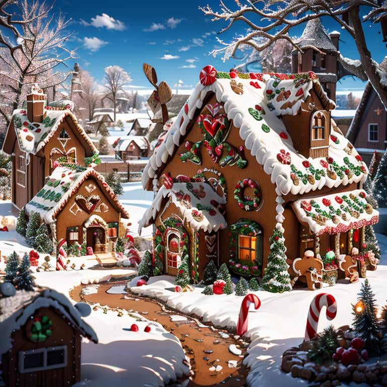 ((masterpiece,best quality)), absurdres <lora:Gingerbread_House:0.7>, Gingerbread_House, gingerbread house, food, food focus,  cookies, candy canes, Christmas, <lora:EdobSyFyHorrorFairyTale_v1.0:0.5>, EdobFairyTaleLandscape, chocolate river, heart, fruit, , snow, cake, chocolate, strawberry, windmill, 