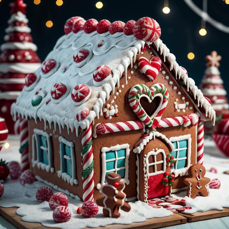 ((masterpiece,best quality)), absurdres <lora:Gingerbread_House:0.7>, Gingerbread_House, gingerbread house, food, food focus,  cookies, candy canes, Christmas, <lora:EdobSyFyHorrorFairyTale_v1.0:0.5>, EdobFairyTaleLandscape, chocolate river, heart, fruit, , snow, cake, chocolate, strawberry,  <lora:more_details:0.7>