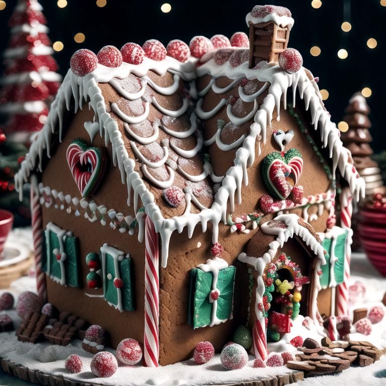 ((masterpiece,best quality)), absurdres <lora:Gingerbread_House:0.7>, Gingerbread_House, gingerbread house, food, food focus,  cookies, candy canes, Christmas, <lora:EdobSyFyHorrorFairyTale_v1.0:0.5>, EdobFairyTaleLandscape, chocolate river, heart, fruit, , snow, cake, chocolate, strawberry,  <lora:more_details:0.7>