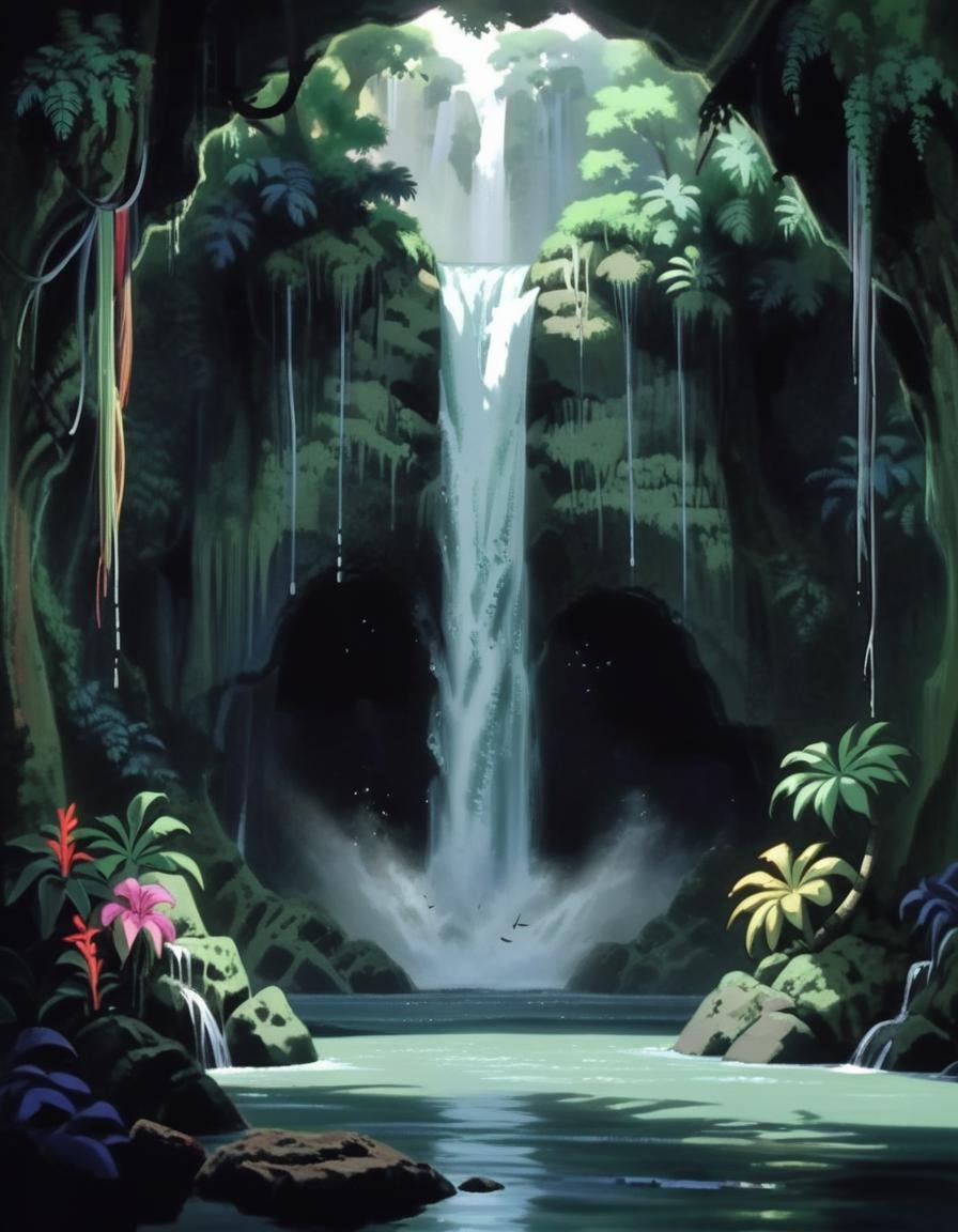 Tropical Waterfall: Cascading water, lush vegetation, tropical birds, hidden caves, exotic flowers. <lora:NEOTOKIOXL_0.2_RC:0.9>
