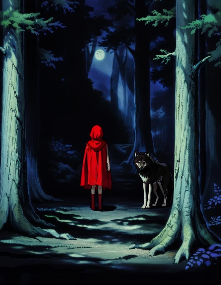 "Little Red Riding Hood" - Encounter with the Wolf, Woodsy Meeting, Red Hooded Girl, Wolf's Deception, Woodsy Suspense, Tale's Turning Point, Dark Encounter. <lora:NEOTOKIOXL_0.2_RC:0.9>