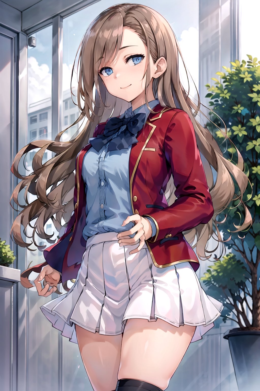 (masterpiece, top quality, best quality, official art, beautiful and aesthetic, 8k, best quality, masterpiece:1.2),1girl, solo, Chiaki, (looking at the viewer, cowboy shot:1.1) (brown hair, long hair, flowing hair:1.2), (blue eyes, shining blue eyes:1.15), (smile, closed mouth, medium breasts:1), (Chiaki School, school uniform, red jacket, blue shirt, open jacket, white skirt, pleated skirt, black kneehighs, blue bowtie:1.25), (outside:1.4),  perfect,Chiaki