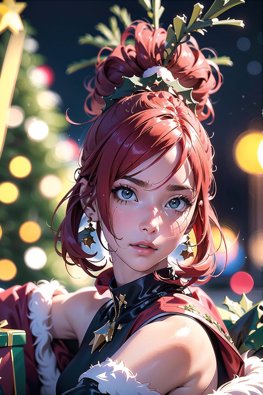 8k wallpaper, awesome, (((masterpiece))), (((best quality))), ((ultra detailed)), (illustration), dynamic angle, red hair, red skimpy dress, a coat, fur, detailed cute face, an extremely delicate and beautiful girl, ((Christmas tree)), (gifts=1.25), snow, Christmas, broken glass, a hand on the head, outside,