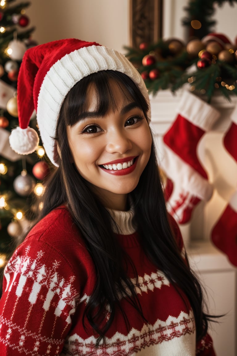 Christmas 1girl,  solo,  long hair,  looking at viewer,  smile,  black hair,  hat,  teeth,  grin,  blurry,  black eyes,  sweater,  sleeves past wrists,  blurry background,  christmas,  santa hat,  realistic,  christmas tree,  red sweater,<lora:EMS-179984-EMS:0.800000>