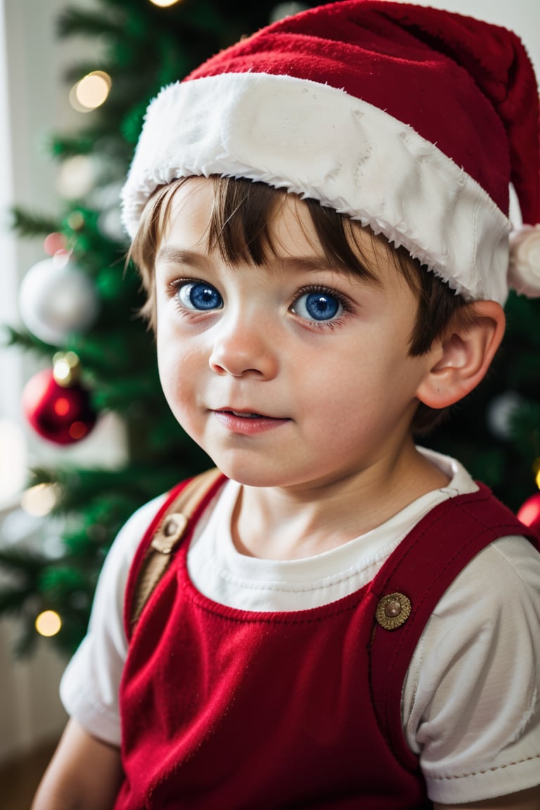 Christmas solo,  looking at viewer,  blue eyes,  1boy,  hat,  male focus,  blurry,  depth of field,  christmas,  santa hat,  realistic,  male child,<lora:EMS-179984-EMS:0.800000>