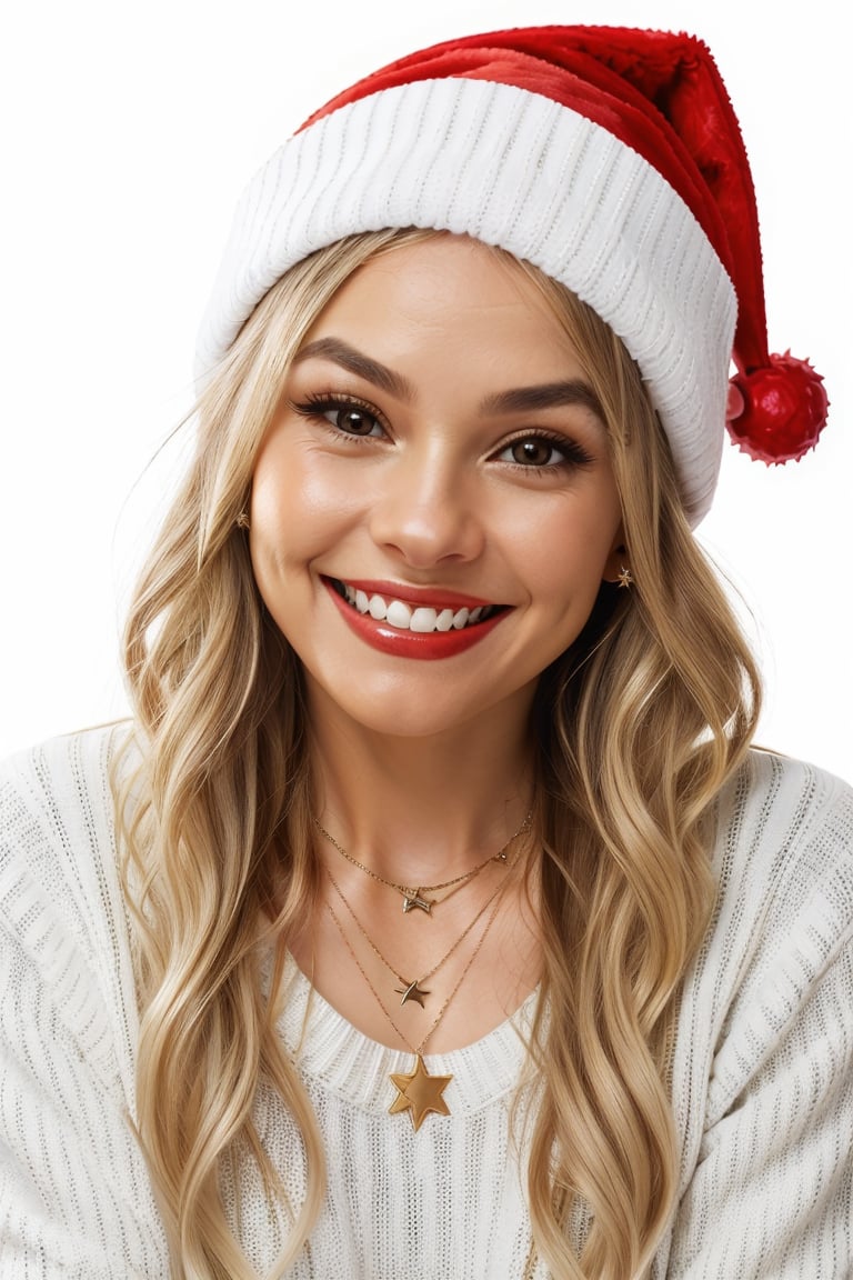 Christmas 1girl,  solo,  long hair,  smile,  simple background,  hat,  white background,  brown eyes,  jewelry,  white hair,  teeth,  necklace,  star (symbol),  grin,  sweater,  lips,  ring,  christmas,  santa hat,  realistic,<lora:EMS-179984-EMS:0.800000>