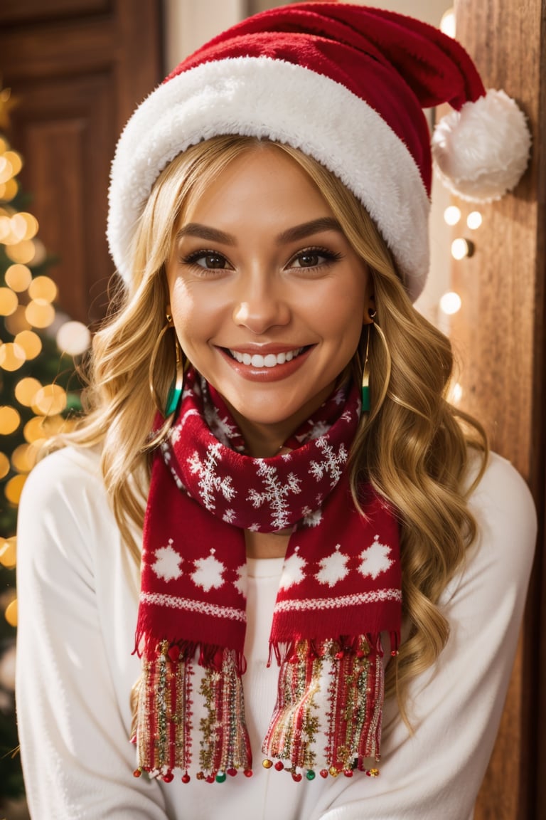 Christmas 1girl,  solo,  long hair,  looking at viewer,  smile,  blonde hair,  hat,  jewelry,  earrings,  scarf,  grin,  snowman,<lora:EMS-179984-EMS:0.800000>