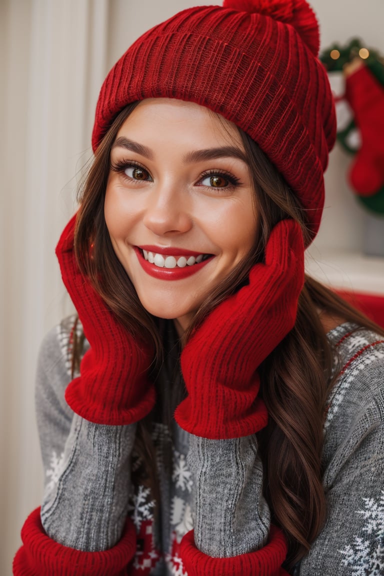 Christmas 1girl,  solo,  long hair,  looking at viewer,  smile,  brown hair,  gloves,  long sleeves,  hat,  upper body,  teeth,  grin,  blurry,  sweater,  lips,  grey eyes,  christmas,  red headwear,  red gloves,  head rest,  realistic,  beanie,<lora:EMS-179984-EMS:0.800000>