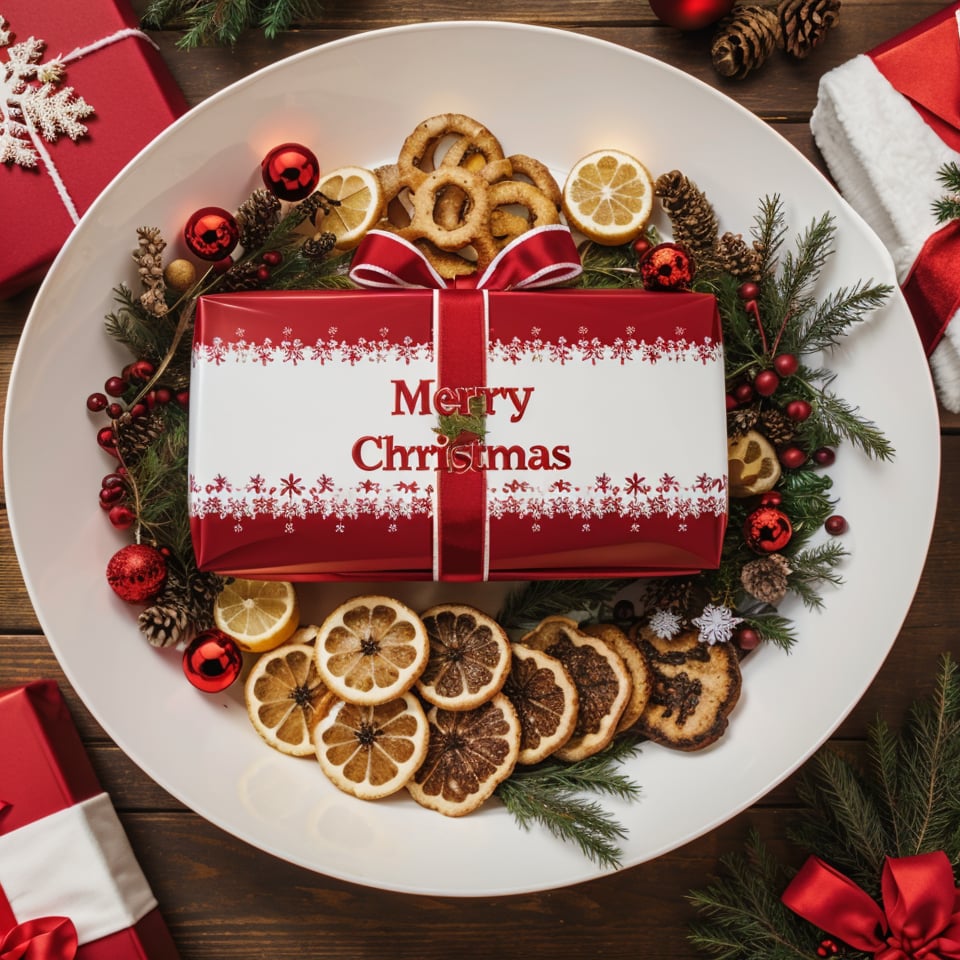 Christmas ribbon,  lying,  food,  english text,  no humans,  box,  christmas,  gift,  merry christmas,<lora:EMS-179984-EMS:0.800000>