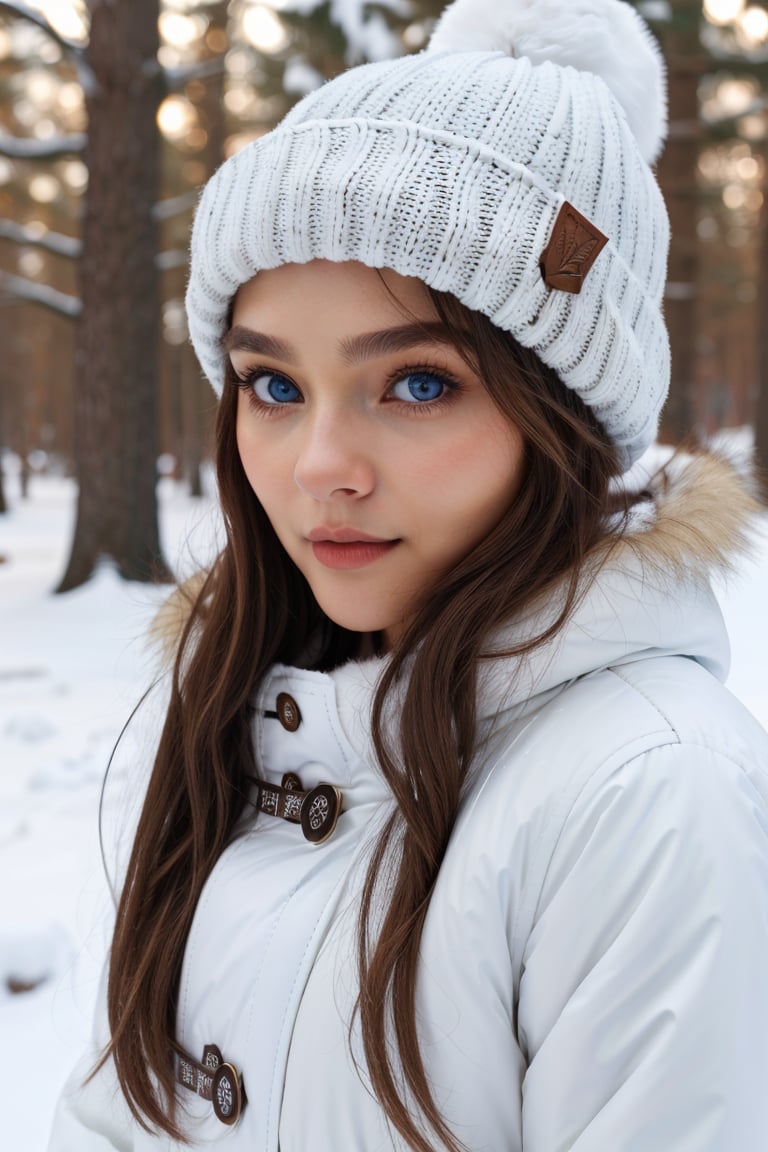 Christmas 1girl,  solo,  long hair,  looking at viewer,  blue eyes,  brown hair,  hat,  lips,  coat,  white headwear,  web address,  snow,  realistic,<lora:EMS-179984-EMS:0.800000>