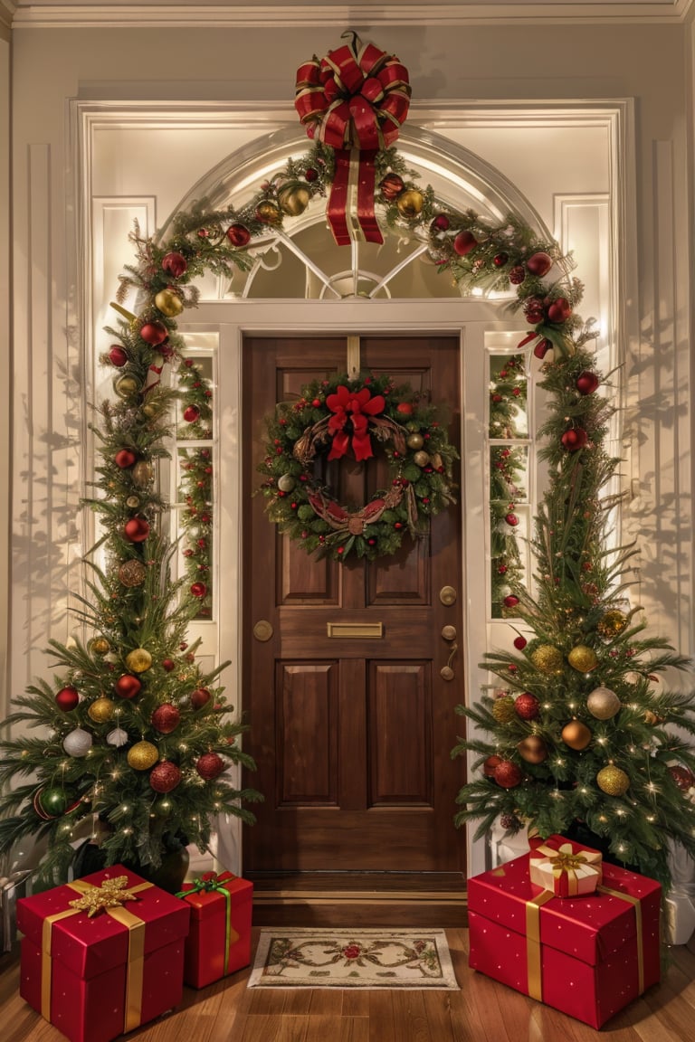 Christmas flower,  no humans,  window,  watermark,  plant,  box,  christmas,  scenery,  gift,  door,  gift box,  christmas tree,  christmas ornaments,  wreath,<lora:EMS-179984-EMS:0.800000>