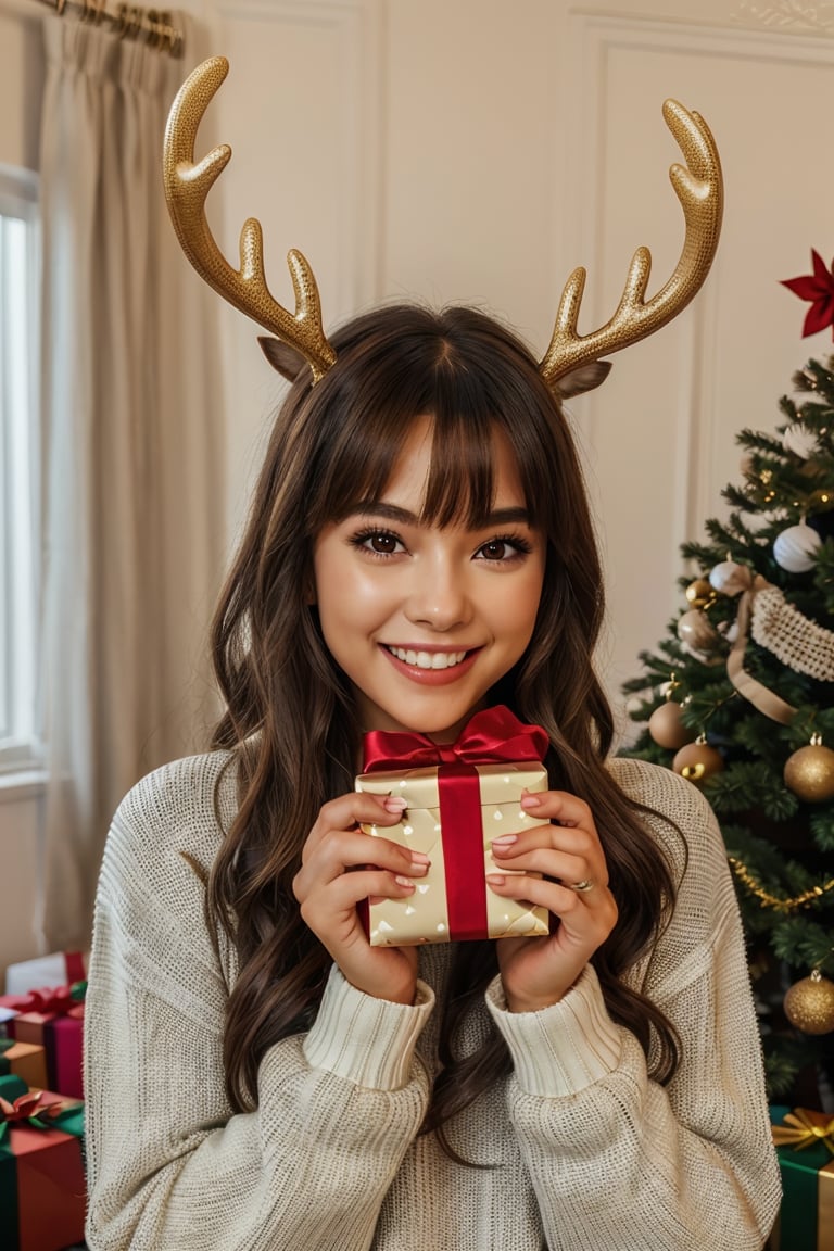 1girl,  solo,  long hair,  smile,  brown hair,  brown eyes,  blurry,  sweater,  christmas,  gift,  realistic,  antlers,  christmas tree,<lora:EMS-179984-EMS:0.800000>