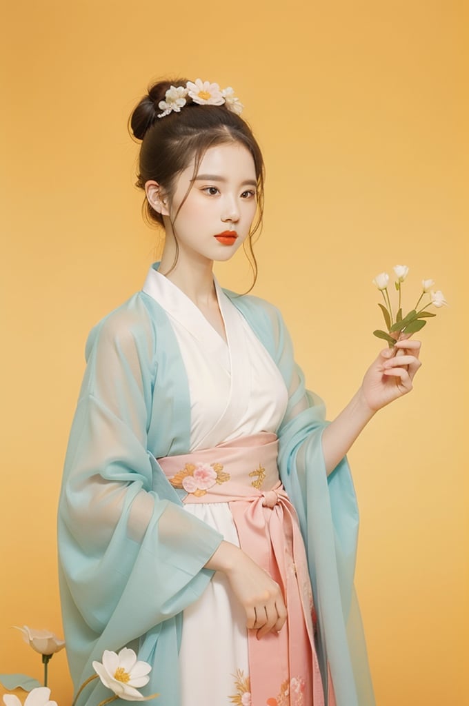  breathtaking 1girl,solo,flower,hair bun,hanfu, award-winning,professional,highly detailed,