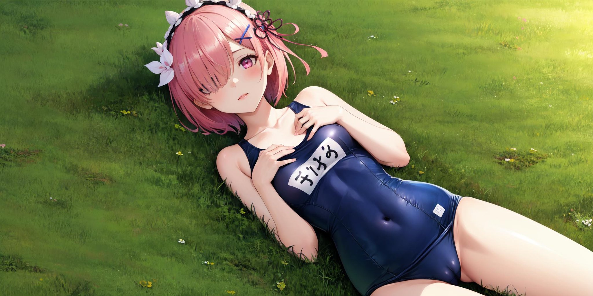 masterpiece, best quality, outdoors, grass, field,ram \(re:zero\), 1girl, solo, looking at viewer, sitting, pink eyes, pink hair, hair ornament, hair over one eye, hair ribbon, maid headdress, pink ribbon, ribbon, short hair, x hair ornament, medium breasts,cameltoe, swimsuit, one-piece swimsuit, school swimsuit, old school swimsuit, covered navel, collarbone, blue one-piece swimsuit, name tag, hands on own chest, feet out of frame, <lora:LoRA_Swimsuit:1>,