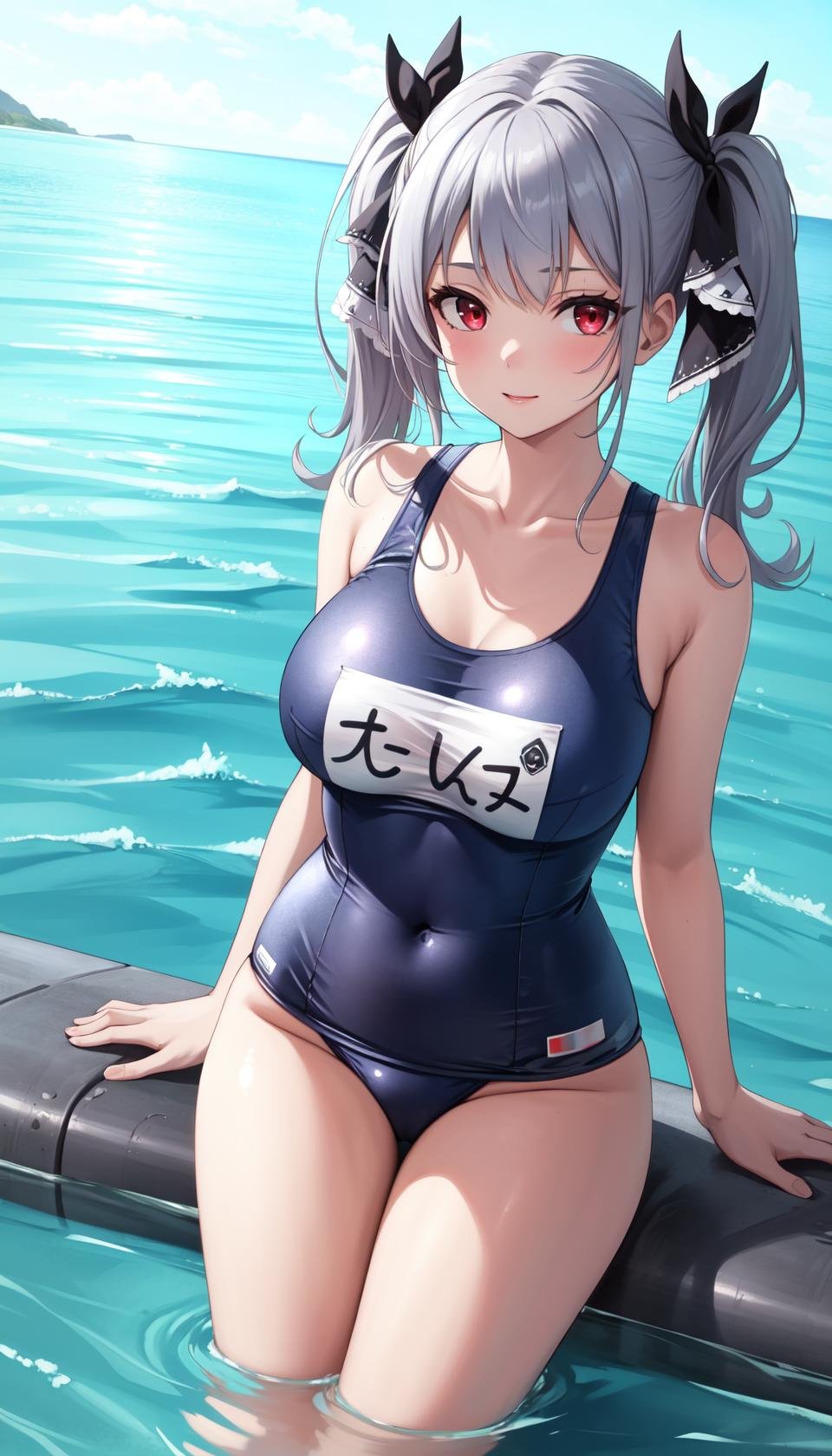 masterpiece, best quality, outdoors, afloat, reflection,formidable \(azur lane\), 1girl, solo, looking at viewer, cowboy shot, red eyes, silver hair, hair ribbon, twintails, very long hair, mature female, large breasts, swimsuit, one-piece swimsuit, school swimsuit, old school swimsuit, covered navel, collarbone, blue one-piece swimsuit, name tag,<lora:LoRA_Swimsuit:1>,