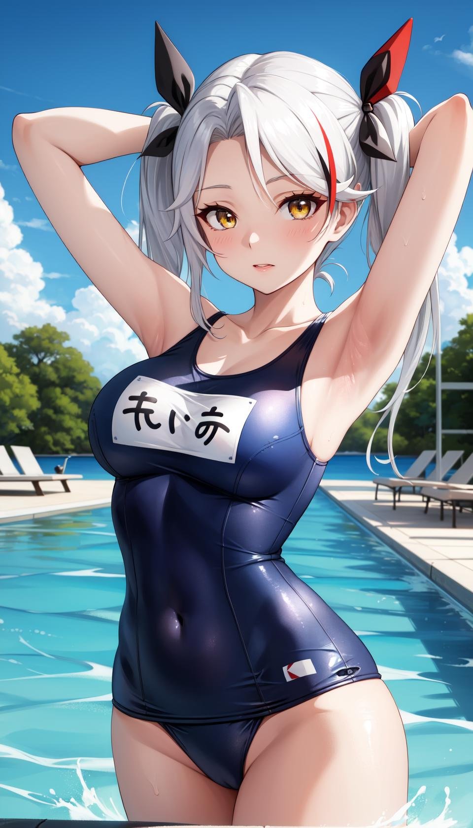 masterpiece, best quality, outdoors, afloat, reflection, prinz eugen \(azur lane\), 1girl, solo, looking at viewer, cowboy shot, white hair, very long hair, yellow eyes, twintails, hair ribbon, mature female, large breasts, swimsuit, one-piece swimsuit, school swimsuit, old school swimsuit, covered navel, collarbone, blue one-piece swimsuit, name tag, arms up, armpits, <lora:LoRA_Swimsuit:1>,