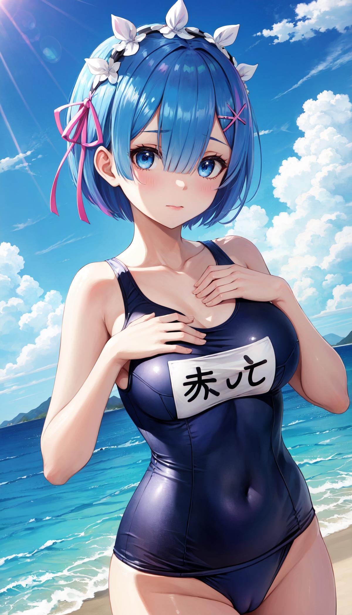masterpiece, best quality, outdoors, afloat, reflection,rem \(re:zero\), 1girl, solo, looking at viewer, cowboy shot, blue eyes, blue hair, hair ornament, hair over one eye, hair ribbon, maid headdress, pink ribbon, ribbon, short hair, x hair ornament, large breasts, cameltoe, swimsuit, one-piece swimsuit, school swimsuit, old school swimsuit, covered navel, collarbone, blue one-piece swimsuit, name tag, hands on own chest,<lora:LoRA_Swimsuit:1>, 