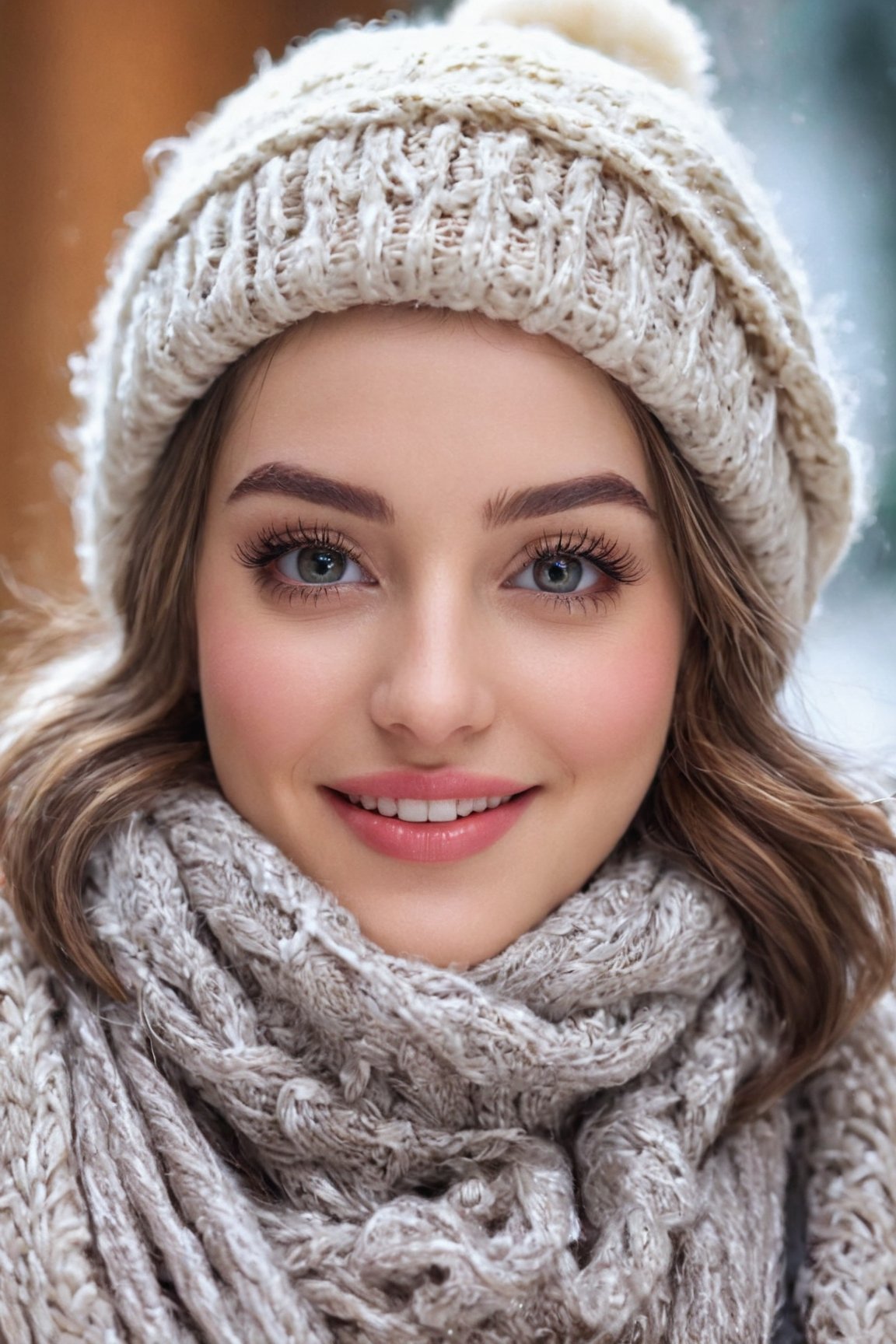 best quality, 4k, highres, masterpiece:1.2, ultra-detailed, realistic, portrait, detailed eyes, detailed lips, short lashes, rosy cheeks, snow-white skin, sparkling eyes, cute smile, twinkling eyes, lovely face, long eyelashes, winter wardrobe, happy expression, glowing skin, winter aura, shiny eyes and lips, thick eyelashes, elegant girl, Christmas fashion, golden winter hat, flawless complexion, festive makeup, perfectly groomed eyebrows, cozy christmas sweater, joyful mood, warm winter glow, delicate features, bouncy winter scarf, festive atmosphere, winter wonderland, dressed for celebration, heartwarming smile, winter fairy, natural beauty