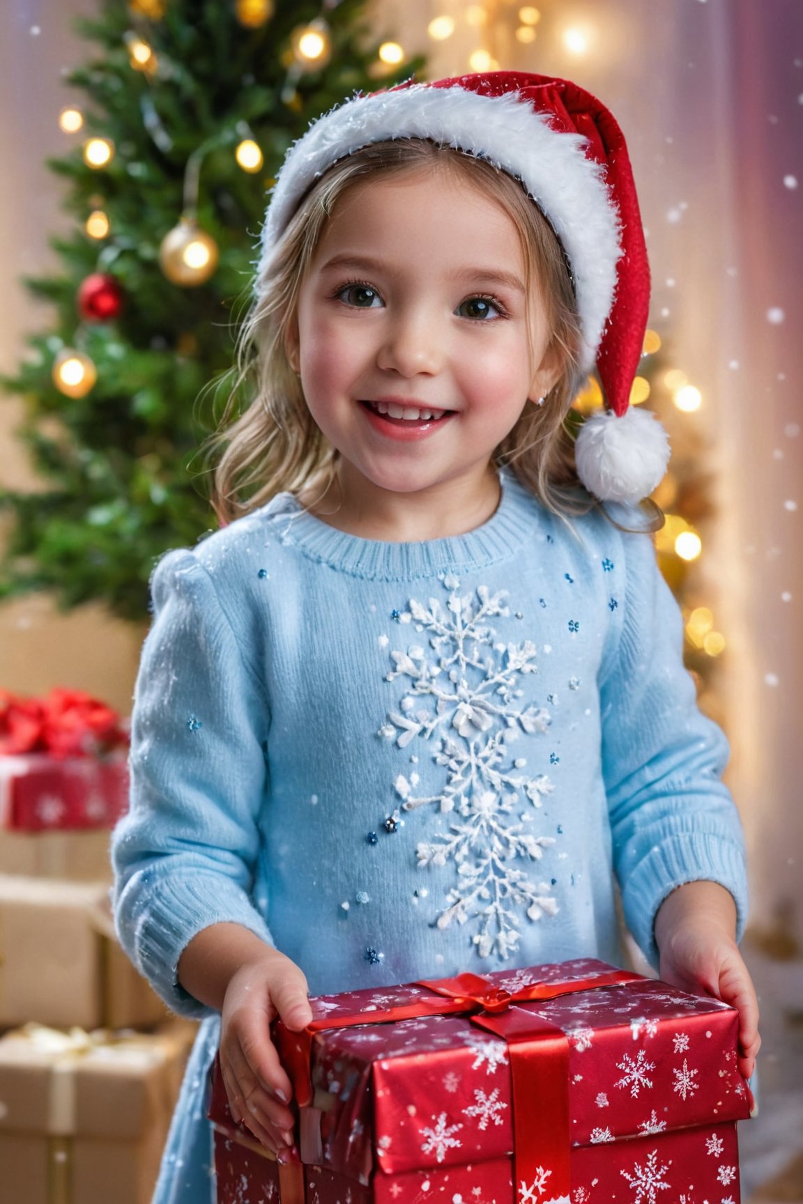 (best quality, 4k, 8k, highres, masterpiece:1.2), ultra-detailed, (realistic, photorealistic, photo-realistic:1.37), cute little girl with beautiful detailed eyes, cute smiley and blushing face, dressed in a lovely Christmas outfit, wearing a red Christmas hat, standing in a snowy landscape with falling snowflakes, holding a beautifully decorated gift box, with a cute little puppy playing beside her, with soft and warm studio lighting, exuding a cozy and joyful atmosphere, vivid colors that highlight the Christmas theme, featuring a touch of bokeh in the background, creating a magical and enchanting scene.,<lora:EMS-74104-EMS:0.800000>