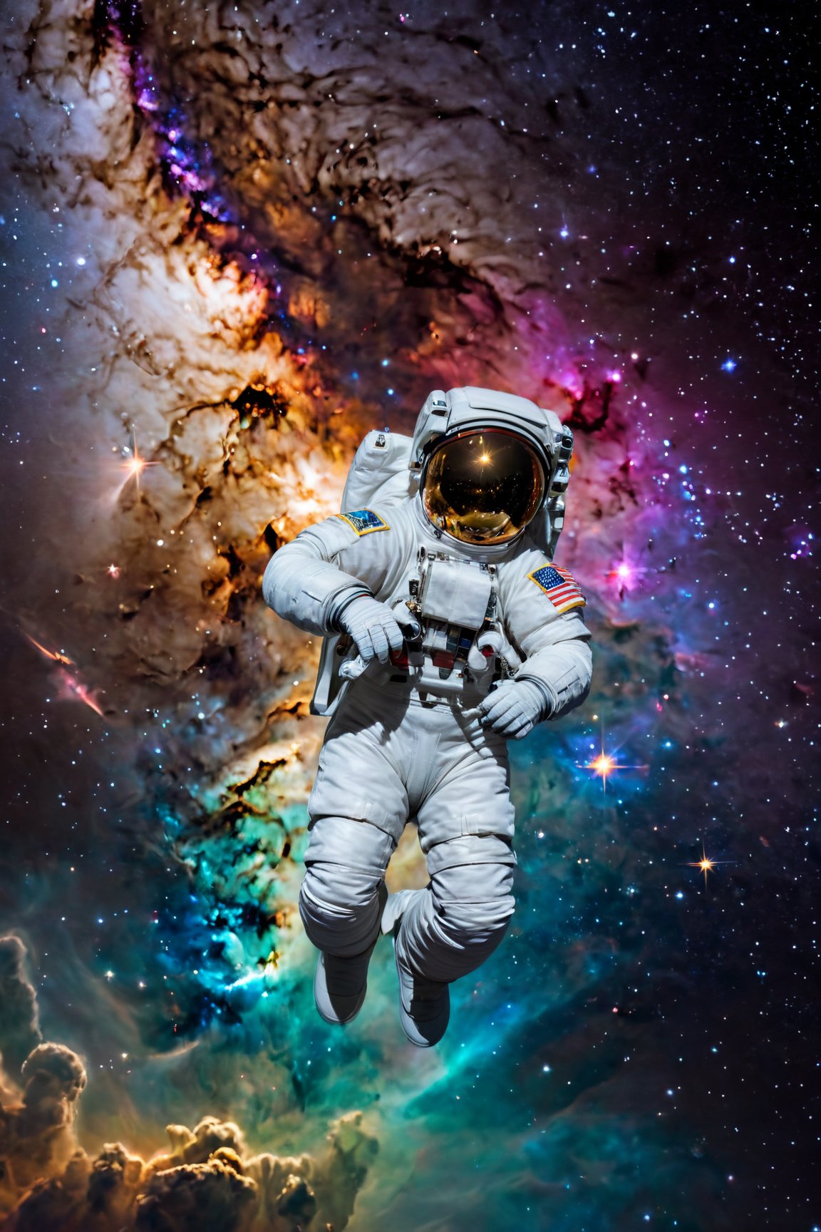 1girl, (best quality, 4k, 8k, highres, masterpiece:1.2), astronaut, (realistic, photorealistic, photo-realistic:1.37), falling in space, vivid colors, beautiful detailed eyes, longeyelashes, floating in zero gravity, spacewalk, exploring the cosmos, full spacesuit, space helmet, star-filled background, floating hair, spacecraft in the distance, lunar landscape, soft and whimsical lighting, weightlessness, longing for home, curiosity and wonder, contrast between darkness and light, colorful nebulae, peaceful serenity, loneliness in space, courage and determination, deep space exploration, galaxies and constellations, limitless universe, shooting stars streaking by, sparkling celestial objects.,<lora:EMS-74104-EMS:0.800000>