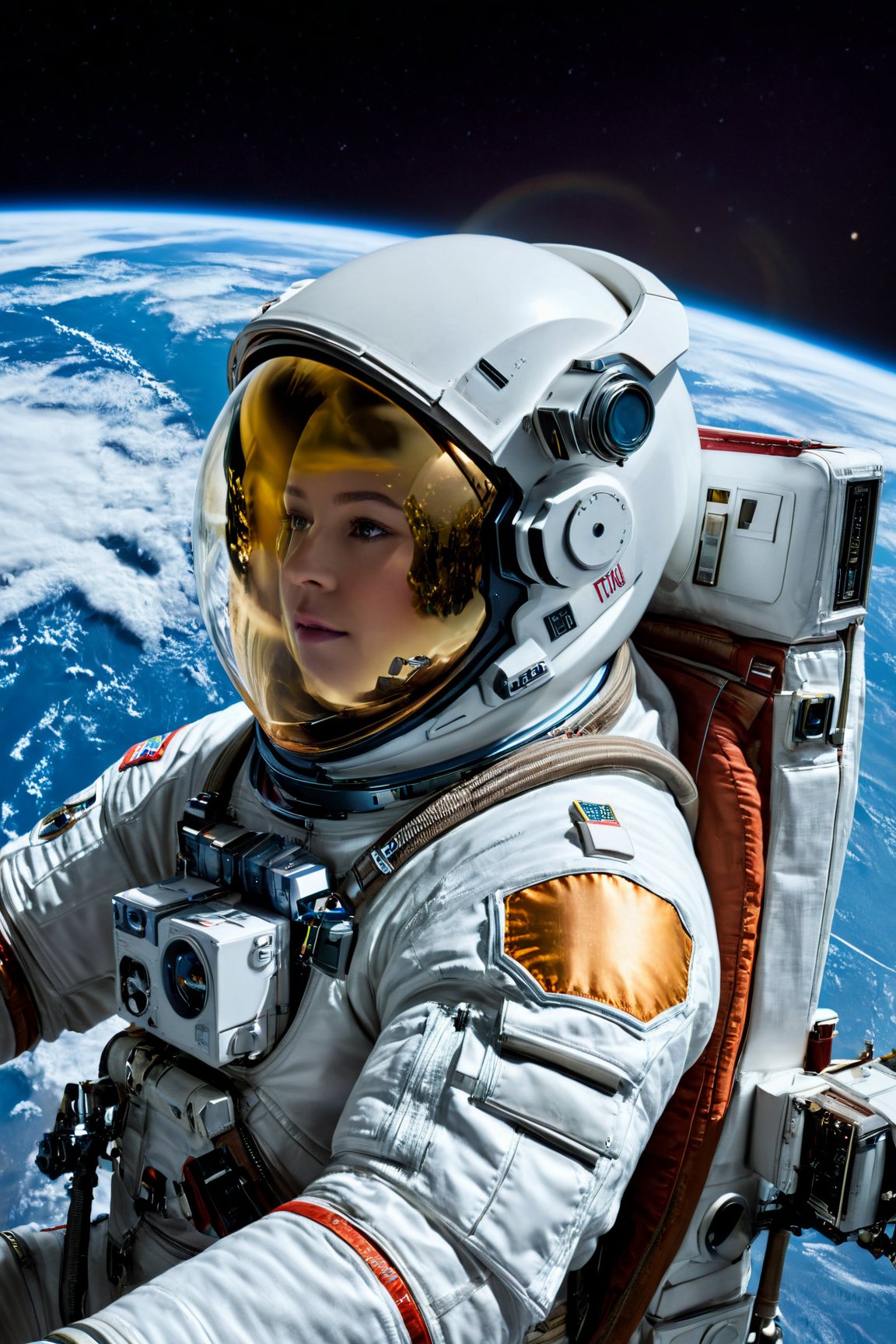 (best quality, 4k, 8k, highres, masterpiece:1.2), ultra-detailed, (realistic, photorealistic, photo-realistic:1.37), female astronaut, futuristic spacesuit, astronaut helmet, exploration spaceship, grandiose cinematic, outer space backdrop, vivid colors, studio lighting, sharp focus, physically-based rendering, detailed technology equipment, huge glass dome, technological advancements, high-tech control panels, zero-gravity environment, awe-inspiring view of Earth, floating astronaut, star-studded background, cosmic rays, interstellar journey, otherworldly experience, serene and majestic, adventurous and courageous, brilliant vision of the future, lunar exploration, galactic expedition, stellar discovery, ethereal colors, sublime beauty, humanity's triumphant spirit, endless possibilities, luminous celestial bodies, spectacular celestial landscape, inspiring and empowering.,<lora:EMS-74104-EMS:0.800000>