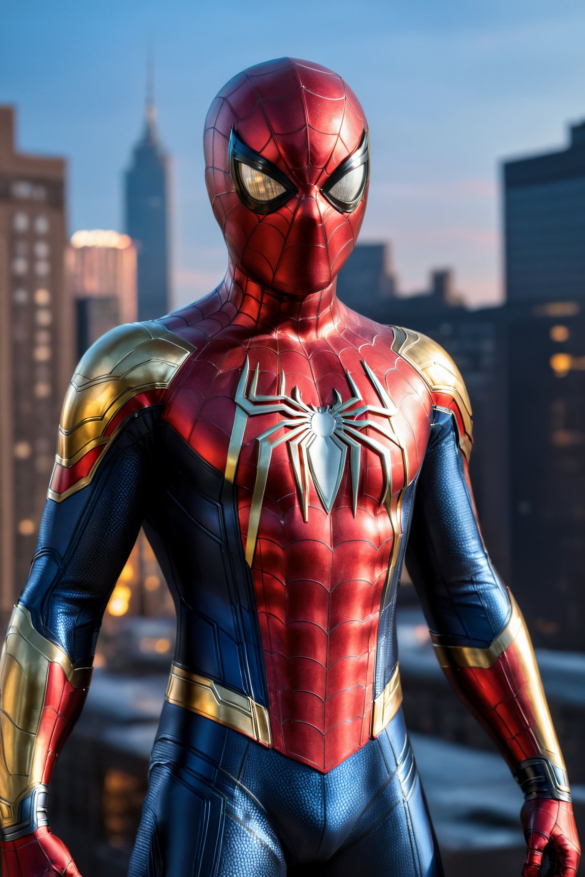 A breathtaking 8K photorealistic concept art masterpiece,  (Spiderman adorned in a stunning white and gold armor-style suit,  unmasked,  with a white cape billowing gracefully:1.3),  Set against the backdrop of a highly detailed night cityscape,  captured with perfect composition and sharp focus,  (A cinematic vision of artistry:1.3),  Bathed in soft,  natural volumetric lighting,  the chiaroscuro effect enhancing the intricate details of the suit,  (A true award-winning photograph:1.3),  Created in the style reminiscent of the great masters Raphael,  Caravaggio,  and modern visionaries like Greg Rutkowski,  Beeple,  Beksinski,  and Giger,  (A piece trending on ArtStation for its artistic brilliance:1.3),  This oil on canvas marvel is a testament to artistic excellence,  showcasing Spiderman as you've never seen him before,  (An artistic achievement beyond compare:1.3),<lora:EMS-74104-EMS:0.800000>