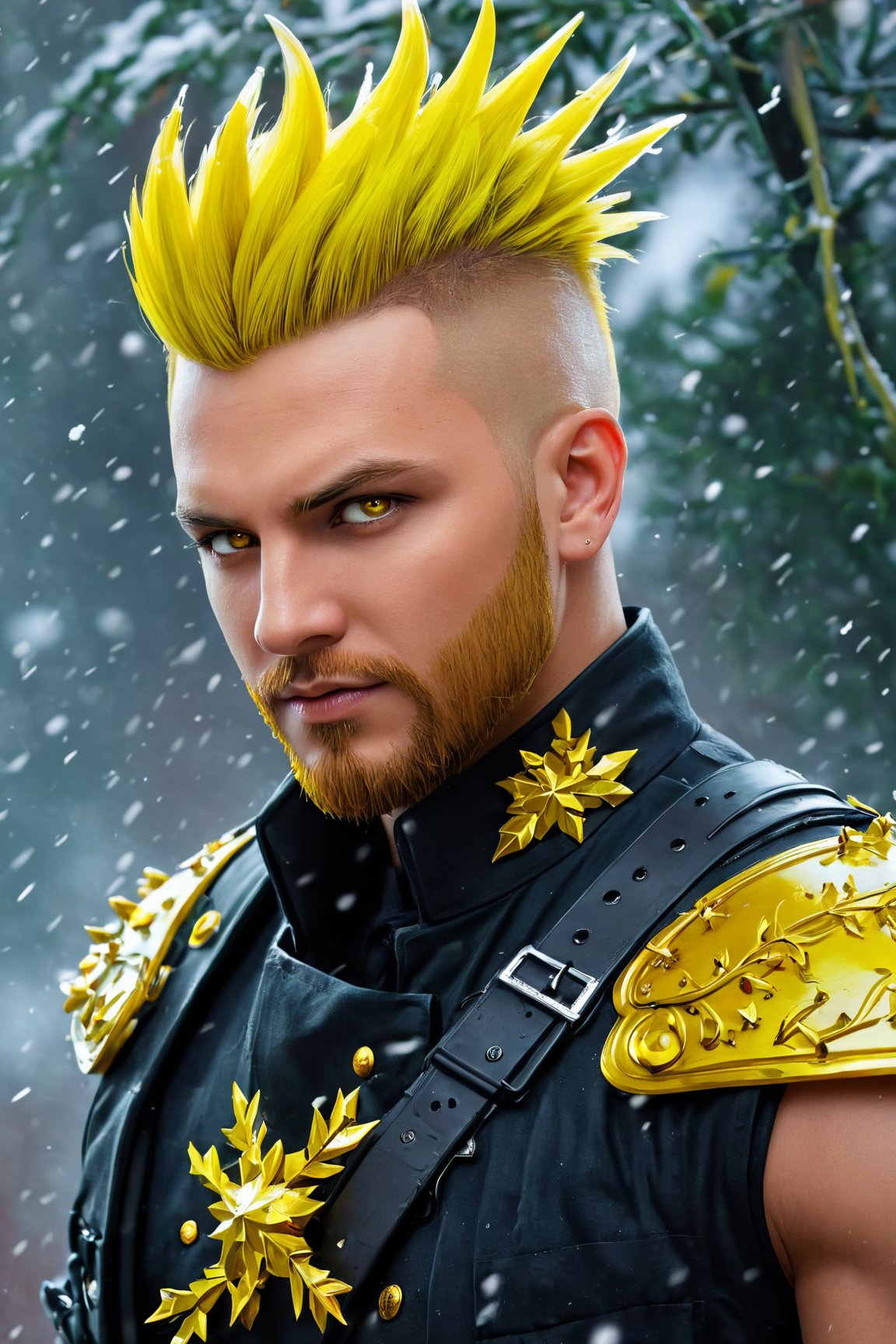 an (extremely detailed masterpiece) of one man ((1boy)) Mercenary with his (yellow spiked punk hair style,  sides shaved) muscles and (five o'clock shadow,  scruffy beard) wearing a ((bright yellow mercenary uniform)),  adorned in mistletoe,  (highly detailed (glowing) yellow eyes:1.2),  (toned physique:1.1),  (style-swirlmagic:1.1) (twisting swirls of dark magic),  (mistletoe:1.2),  (falling snow:1.2),  (snowflakes),  (dark fantasy style),  (moody color tones),  (soft lighting:1.2),  medium depth of field,  oil painting,  (8k UHD,  highest quality)