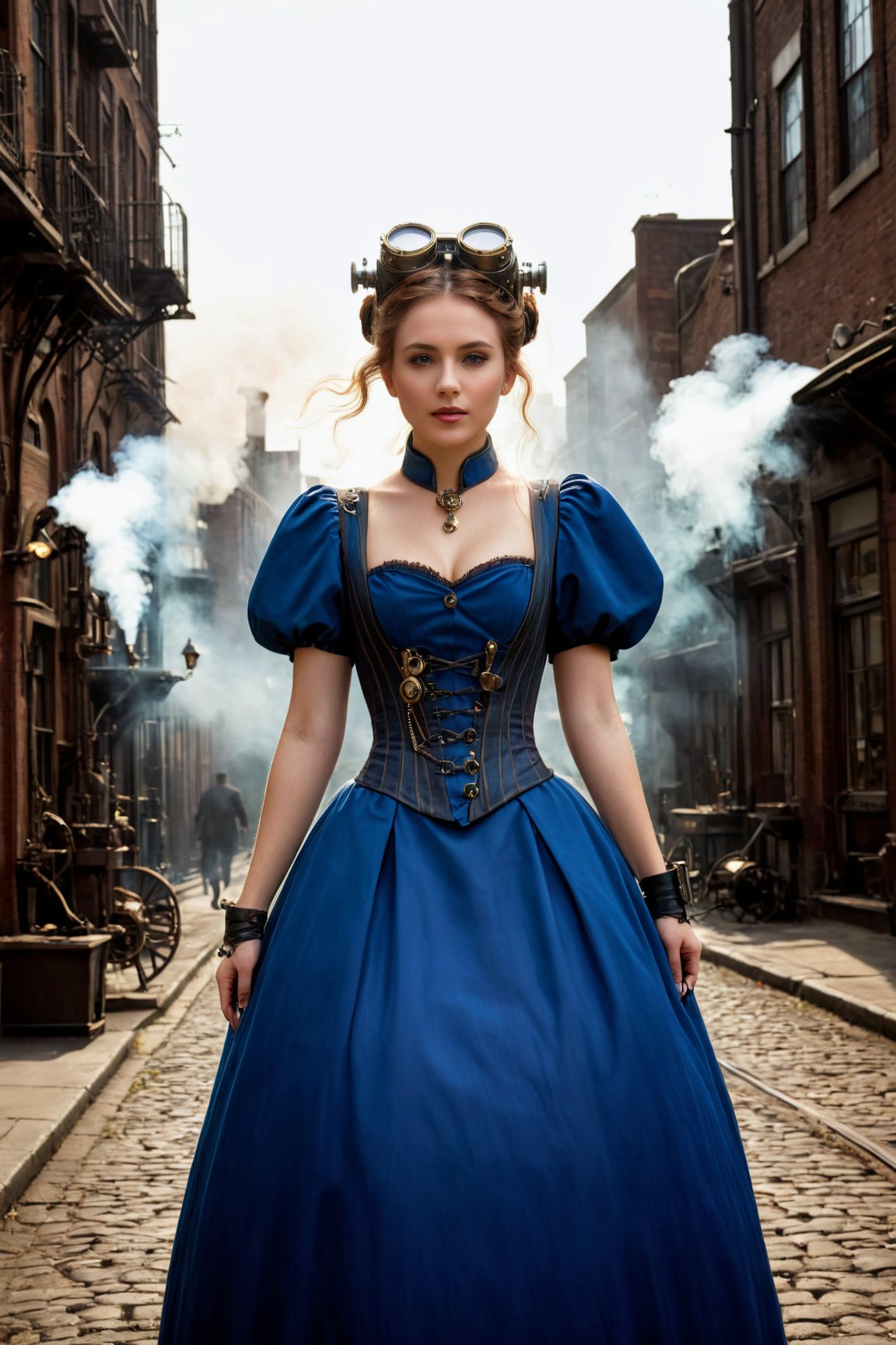 (best quality, 4k, 8k, highres, masterpiece:1.2), ultra-detailed, (realistic, photorealistic, photo-realistic:1.37), steampunk style, woman, 1girl, steampunk accessories with neural connections, blend of organic and mechanical elements, organic meets artificial, mechanical gears, cogs, wires, tubes, industrial revolution aesthetic, worn leather, corsets, top hats, vintage goggles, elaborate hairstyles, puff-sleeve Victorian dresses, mysterious atmosphere, dark and muted color palette, industrial cityscape with towering steam-powered factories, heavy smoke, exhaust fumes, polluted skies, antique metal textures, glimmers of copper and brass, alongside the steel structures, hovering airships with propellers, steam-powered vehicles, pipes snaking along the walls, sparks flying, electric arcs illuminating the scene, resplendent glow of gas lamps, cobblestone streets, steam billowing from manholes, mechanical birds soaring above the city, long shadows cast by tall buildings, mystical energy radiating from the neural connections, blue and green electrical pulses, creaky machinery humming, artificial intelligence blending with the human form, eyes glowing with a hint of mystery, a delicate balance between the past and the future, a fusion of elegance and technology.,<lora:EMS-74104-EMS:0.800000>