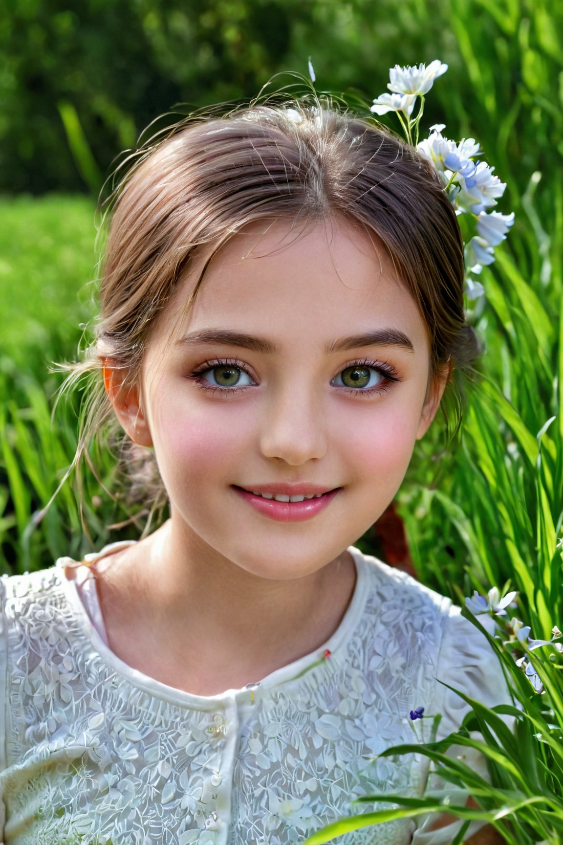 (best quality, 4k, 8k, highres, masterpiece:1.2), ultra-detailed, (realistic, photorealistic, photo-realistic:1.37), beautiful detailed eyes, beautiful detailed lips, extremely detailed eyes and face, longeyelashes, little girl, cute girl, cute smile, outdoor, illustration, pastel colors, soft lighting, happy expression, green garden, flowers, grass,  sunshine,<lora:EMS-74104-EMS:0.800000>