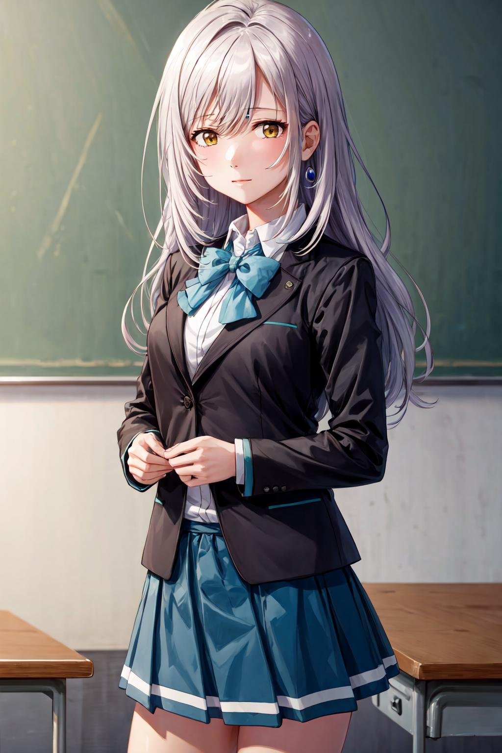 ((best quality, high quality, masterpiece, highres)), hitomi tsukishiro, 1girl, solo, school uniform, black jacket, blue skirt, blue bowtie, looking at viewer, jewelry, classroom, school, <lora:hitomi_tsukishiro:0.9>