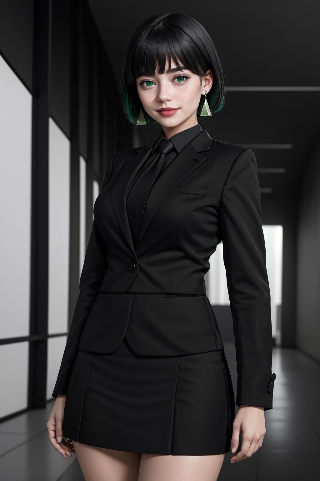 ((Masterpiece, best quality,edgQuality))smiling,solo,1girl,posing for a picture,edgAllmind,blunt bangs,two tone hair,earrings,black suit,necktie, green eyes,skirt<lora:edgArmoredCore6Allmind:0.8>
