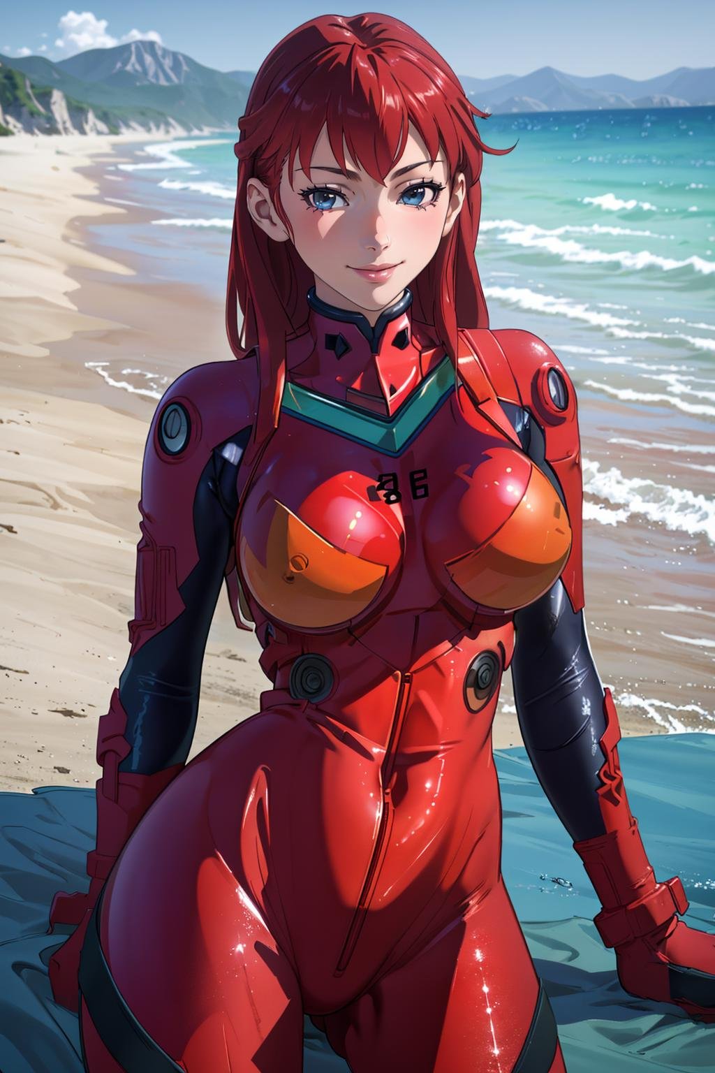 ((Masterpiece, best quality,edgQuality))smiling,solo,1girl,posing for a picture,posing on a beach,edgPlugsuit, breasts,skin tight,wearing edgPlugsuit ,red bodysuit <lora:edgAsukaPlugsuitCosplay:1>