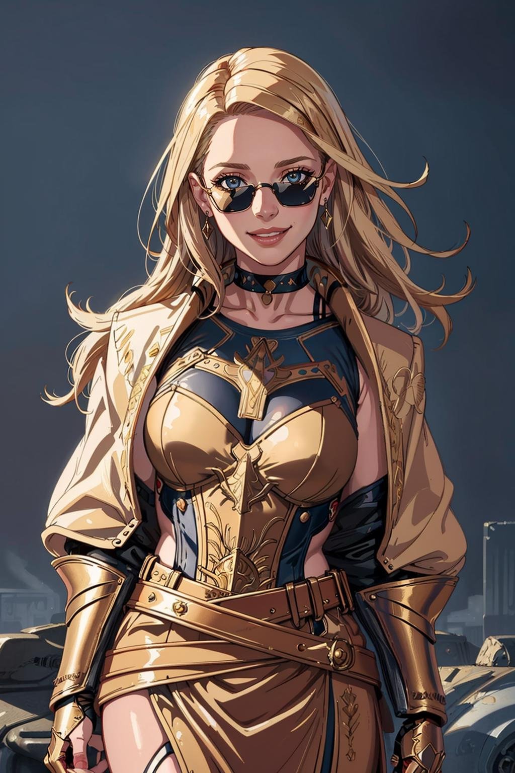 ((Masterpiece, best quality,edgQuality)),smiling,excited,((cowboy shot))edgGolden, a woman dressed in golden armor ,wearing edgGoldenBlonde Nadia with (sunglasses and a choker)<lora:Ultimate_Nadia:0.5> <lora:edgNadiaGolden:1>