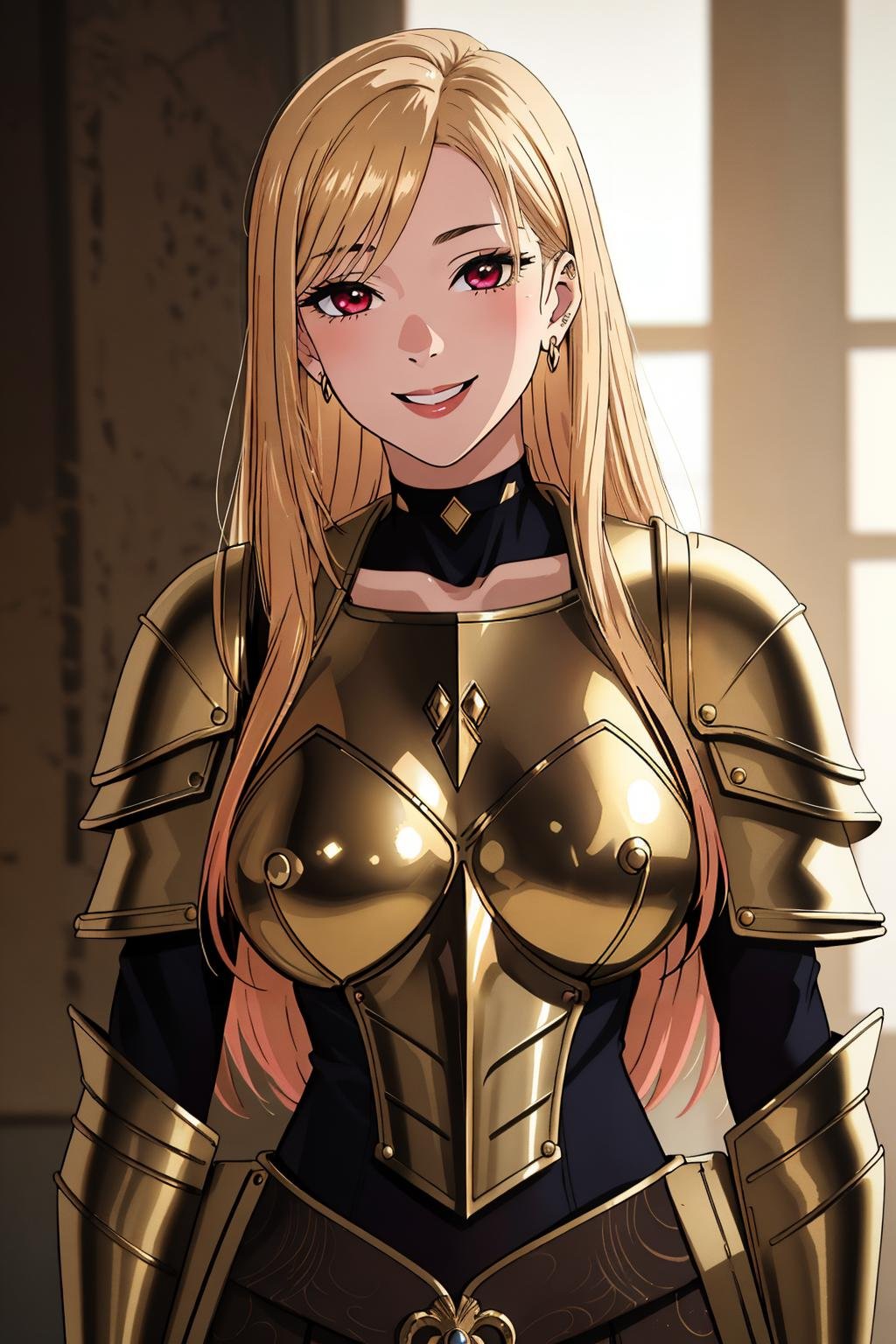 ((Masterpiece, best quality,edgQuality)),smiling,excited, <lora:edgNadiaGolden:0.5>edgGolden, a woman dressed in golden armor ,wearing edgGolden,((cowboy shot))<lora:MarinKitagawa:0.65> Marin Kitagawa, choker,gradient blonde hair